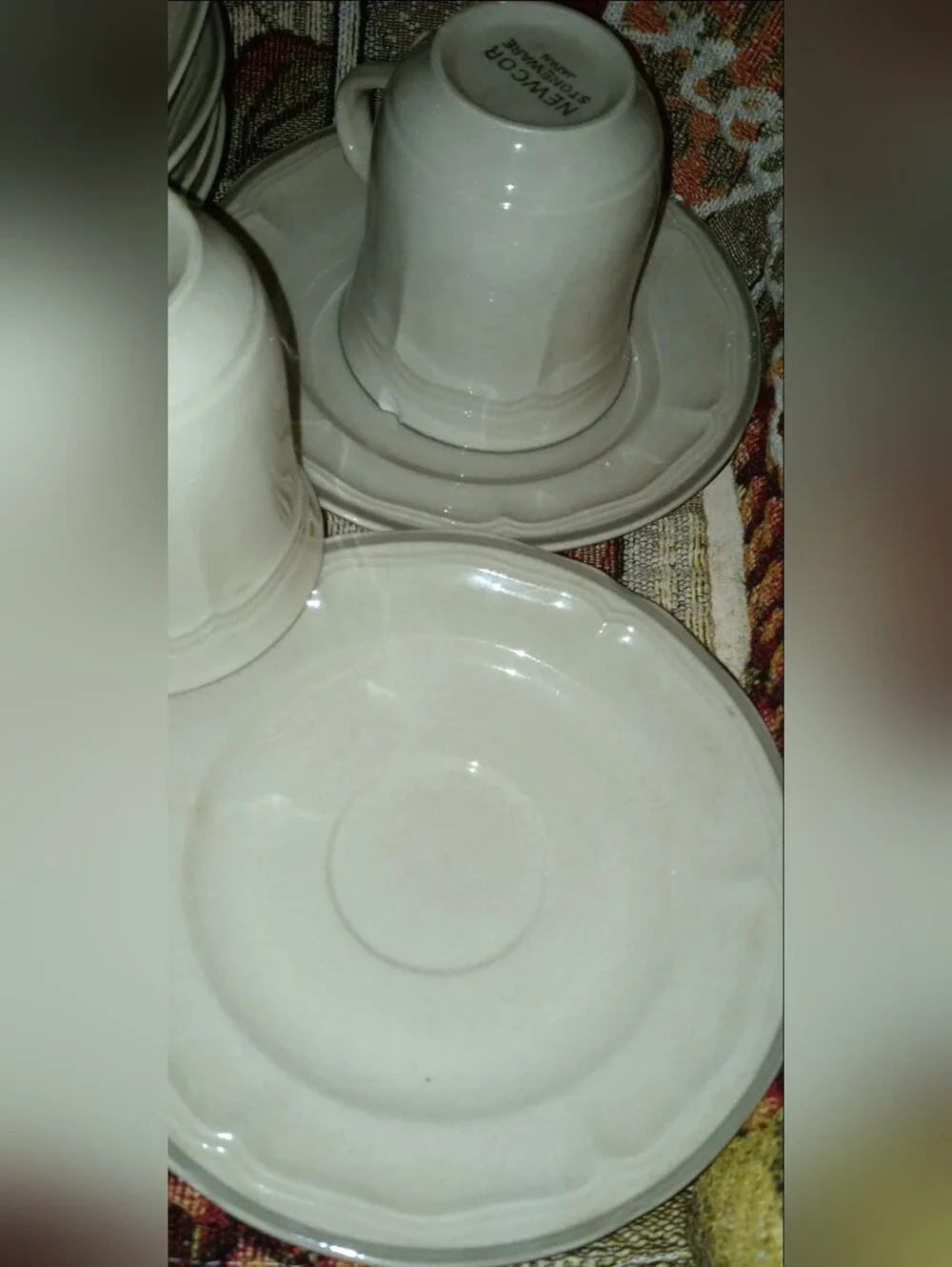 Vintage 1980's NewCor Stoneware Japan 5 Teacup & Saucer Set Plus 4 Bowls W/ Gray